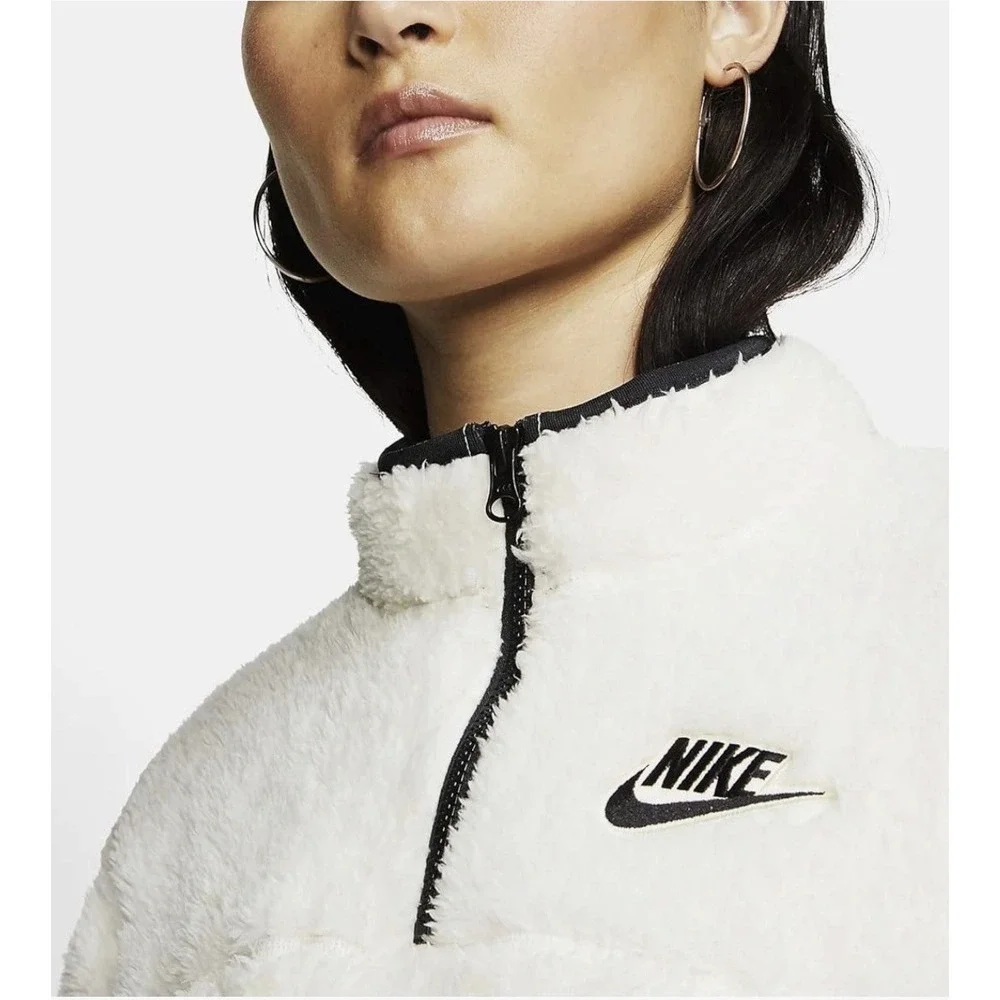 NEW! Nike Sportswear Quarter Zip Crop Sherpa Plush Fleece Shirt Ivory Black SZ M